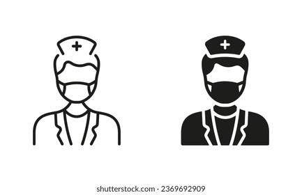 Physician Specialist, Orthodontist, Endodontist Symbol. Dental Doctor in Face Mask Silhouette and Line Icon Set. Dental Surgeon Sign. Dentist Man Pictogram Collection. Isolated Vector Illustration.