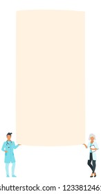 Physician standing in front of a big empty banner. Design for social media to write healthcare information or comment. Stories template. Minimalism design with people silhouettes. Vector illustration.