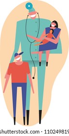 Physician stands by adolescent while holding young girl with doll on his arm