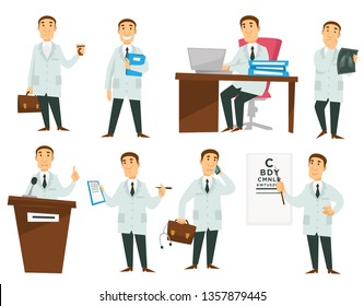 Physician or surgeon ophthalmologist doctor medical worker vector isolated character man in white robe with briefcase and coffee medical documents desk X-ray and prescription stethoscope and telephone