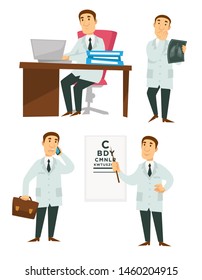 Physician or surgeon ophthalmologist doctor therapist medical worker vector isolated character man in white robe with briefcase and telephone medical, documents desk X-ray and eyesight checking board