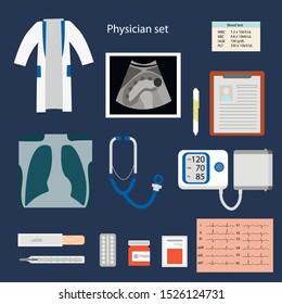 physician or therapist tool hospital equipment set, vector flat style illustration