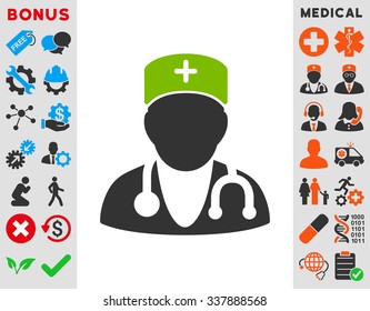 Physician vector icon with bonus. Style is bicolor flat symbol, eco green and gray colors, rounded angles, white background.