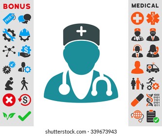 Physician vector icon with bonus. Style is bicolor flat symbol, soft blue colors, rounded angles, white background.