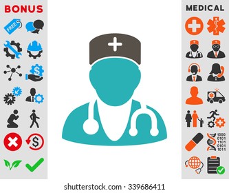 Physician vector icon with bonus. Style is bicolor flat symbol, grey and cyan colors, rounded angles, white background.