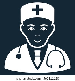 Physician vector icon. Flat white symbol. Pictogram is isolated on a dark blue background. Designed for web and software interfaces.