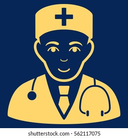 Physician vector icon. Flat yellow symbol. Pictogram is isolated on a blue background. Designed for web and software interfaces.