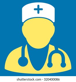 Physician vector icon. Style is bicolor flat symbol, yellow and white colors, rounded angles, blue background.