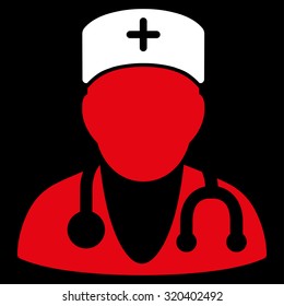 Physician vector icon. Style is bicolor flat symbol, red and white colors, rounded angles, black background.