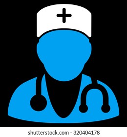 Physician vector icon. Style is bicolor flat symbol, blue and white colors, rounded angles, black background.