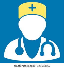 Physician vector icon. Style is bicolor flat symbol, yellow and white colors, rounded angles, blue background.