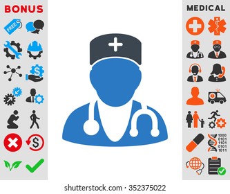 Physician vector icon. Style is bicolor flat symbol, smooth blue colors, rounded angles, white background.