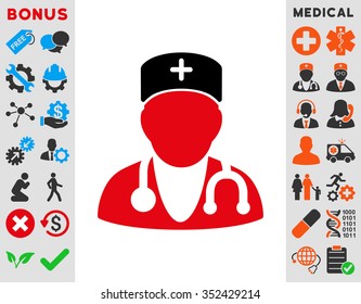 Physician vector icon. Style is bicolor flat symbol, intensive red and black colors, rounded angles, white background.