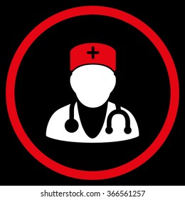 Physician vector icon. Style is bicolor flat circled symbol, red and white colors, rounded angles, black background.