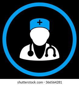 Physician vector icon. Style is bicolor flat circled symbol, blue and white colors, rounded angles, black background.