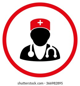 Physician vector icon. Style is bicolor flat circled symbol, intensive red and black colors, rounded angles, white background.
