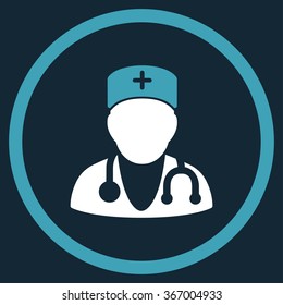 Physician vector icon. Style is bicolor flat circled symbol, blue and white colors, rounded angles, dark blue background.