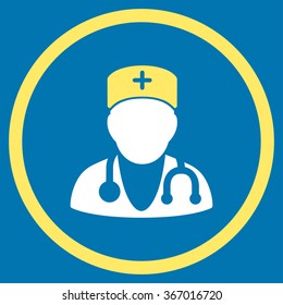 Physician vector icon. Style is bicolor flat circled symbol, yellow and white colors, rounded angles, blue background.