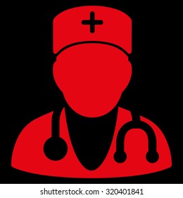 Physician vector icon. Style is flat symbol, red color, rounded angles, black background.