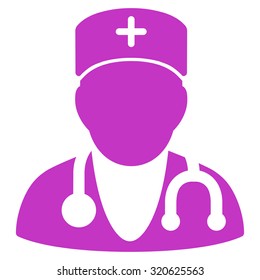 Physician vector icon. Style is flat symbol, violet color, rounded angles, white background.