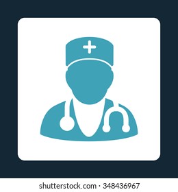 Physician vector icon. Style is flat rounded square button, blue and white colors, dark blue background.