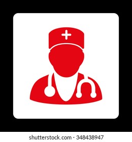Physician vector icon. Style is flat rounded square button, red and white colors, black background.