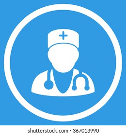 Physician vector icon. Style is flat circled symbol, white color, rounded angles, blue background.