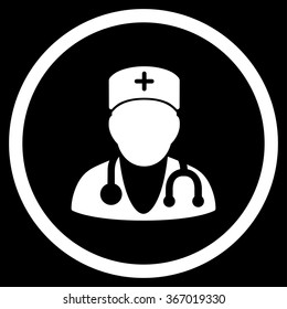 Physician vector icon. Style is flat circled symbol, white color, rounded angles, black background.