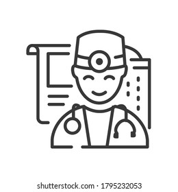 Physician - vector line design single isolated icon on white background. High quality black pictogram. Image of a doctor with a stethoscope, clinic and record. Healthcare and medicine, treatment idea