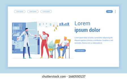 Physician in White Coat with Stethoscope, Receiving Patients. Woman and Man, Spending Time in Waiting Room Before Seeing Their Doctor. Flat Vector Landing Page Template. Copy Space for Extra Text.