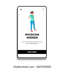 Mujer Médica Con Estetoscopio En Vector Uniforme. Feliz Sonriente Joven Médico Especialista en Clínica. Ilustración de caricatura plana de un trabajador profesional médico del Hospital de caracteres