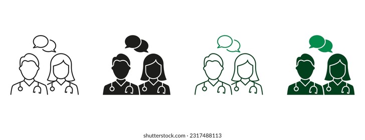 Physicians Speak, Healthcare Chat Pictogram. Doctors Consultation with Speech Bubble Line and Silhouette Icon Set. Medic Specialist Conversation Symbol Collection. Isolated Vector Illustration.