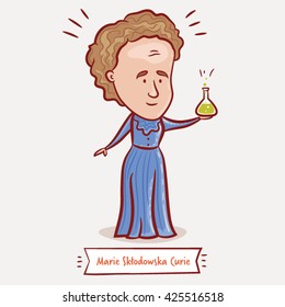 The physicist and chemist Marie Curie with a chemical flask in a long blue dress