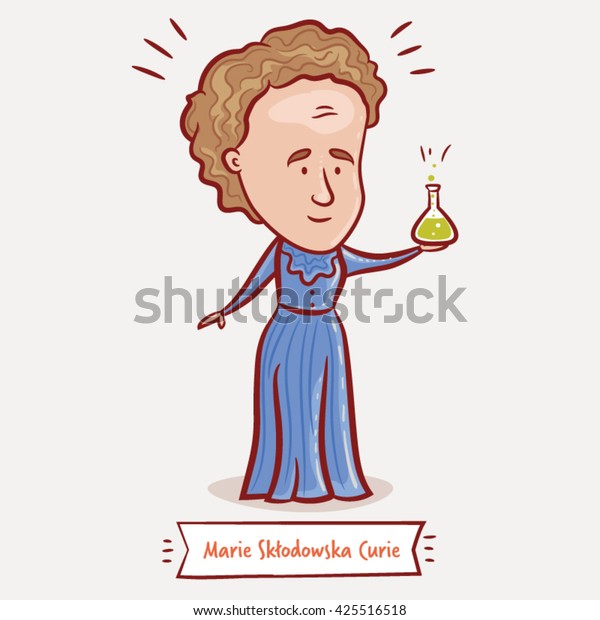 นักฟิสิกส์และนักเคมี Marie Curie กับขวดสารเคมีในชุดสีฟ้ายาว เวกเตอร์สต็อก ปลอดค่าลิขสิทธิ์ 7457