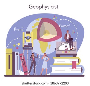 Physicist concept. Scientist explore electricity, magnetism, light wave and forces. Geophysicist theoretical and practical study. Isolated vector illustration