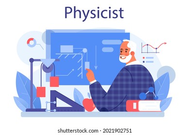 Physicist concept. Scientist explore electricity, magnetism, light wave and forces. Geophysicist, astrophysicist, theoretical and practical study. Isolated vector illustration