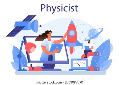 Physicist concept. Scientist explore electricity, magnetism, light wave and forces. Geophysicist, astrophysicist, theoretical and practical study. Isolated vector illustration