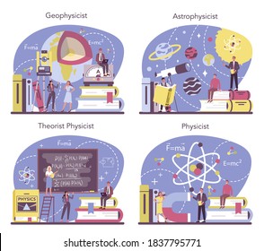 Physicist concept set. Scientist explore electricity, magnetism, light wave and forces. Geophysicist, astrophysicist, theoretical and practical study. Isolated vector illustration