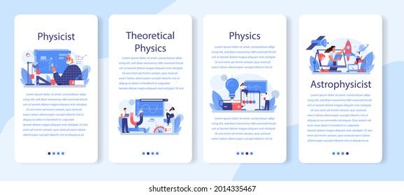 Physicist mobile application banner set. Scientist explore electricity, magnetism, light wave and forces. Geophysicist, astrophysicist, theoretical and practical study. Isolated vector illustration