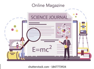 Servicio o plataforma en línea de físicos. Los científicos exploran la electricidad, el magnetismo, la ola de luz y las fuerzas. Revista en línea. Ilustración vectorial aislada
