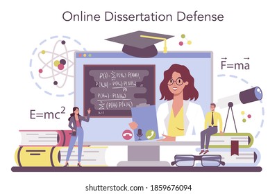 Physicist online service or platform. Scientist explore electricity, magnetism, light wave and forces. Online dessertation defense. Isolated vector illustration