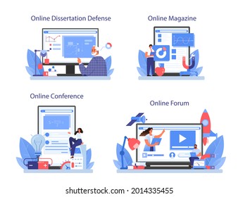 Physicist online service or platform set. Scientist explore waves and forces. Theoretical and practical study. Online forum, magazine, conference, dissertation defense. Isolated vector illustration