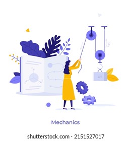 Physicist or scientist lifting weights using system with hoist and sheaves. Concept of physics or mechanics, mechanical tool for scientific experiment. Modern flat vector illustration for banner.