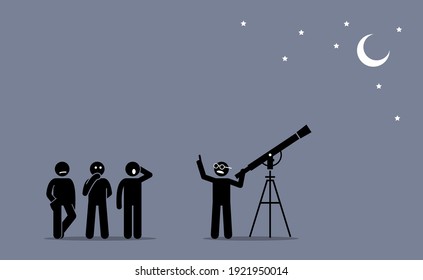 A physicist with a telescope telling and explaining to people about his discovery about stars, moon, and space. Vector illustration concept of discoveries, knowledge, findings, and revelation. 
