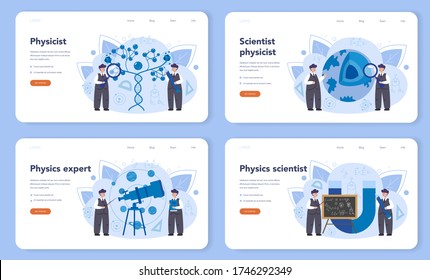 Physicist web banner or landing page set. Scientist explore electricity, magnetism, light wave and forces. Theoretical and practical study. Isolated vector illustration