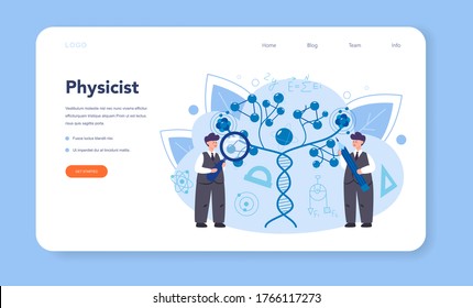 Physicist web banner or landing page. Scientist explore electricity, magnetism, light wave and forces. Theoretical and practical study. Isolated vector illustration