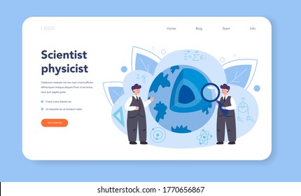 Physicist web banner or landing page. Scientist explore electricity, magnetism, light wave and forces. Theoretical and practical study. Isolated vector illustration