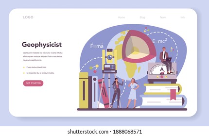 Physicist web banner or landing page. Scientist explore electricity, magnetism, light wave and forces. Geophysicist, astrophysicist, theoretical and practical study. Isolated vector illustration