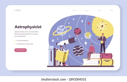 Physicist web banner or landing page. Scientist explore electricity, magnetism, light wave and forces. Geophysicist, astrophysicist, theoretical and practical study. Isolated vector illustration