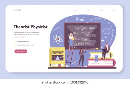 Physicist web banner or landing page. Scientist explore electricity, magnetism, light wave and forces. Geophysicist, astrophysicist, theoretical and practical study. Isolated vector illustration